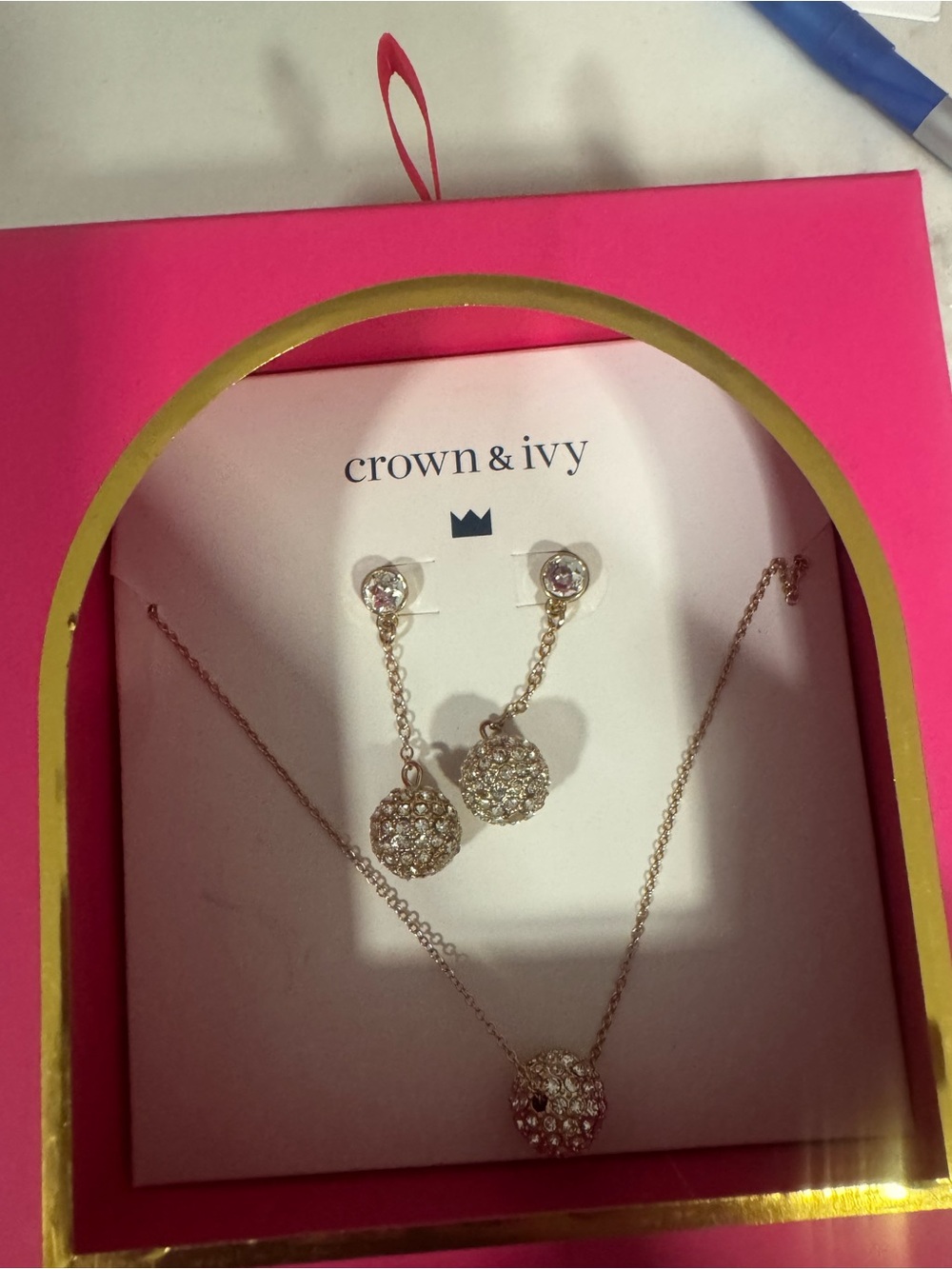 crown & ivy Gold Crystal Sphere Pendant Necklace with Dangle Earrings